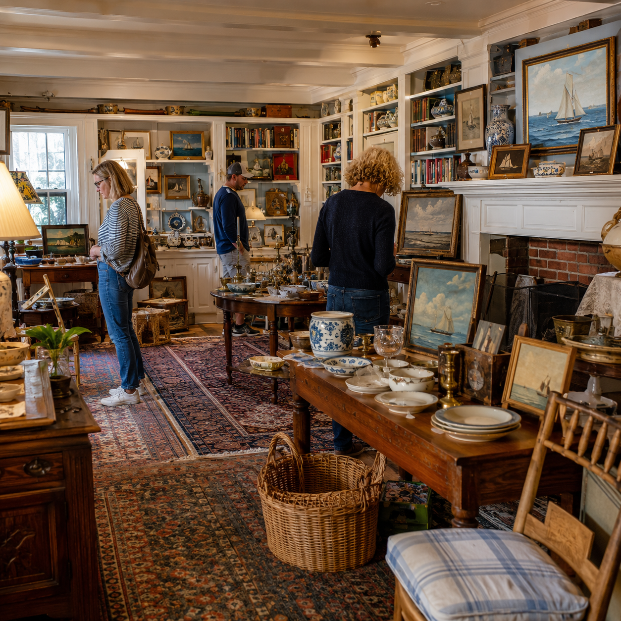 A library and fireplace area staged with paintings, rugs and porcelain