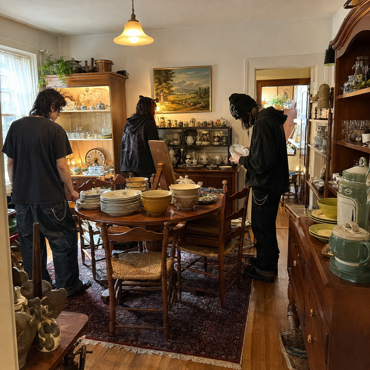 Shoppers browsing china, glassware and pottery arranged on a dining table